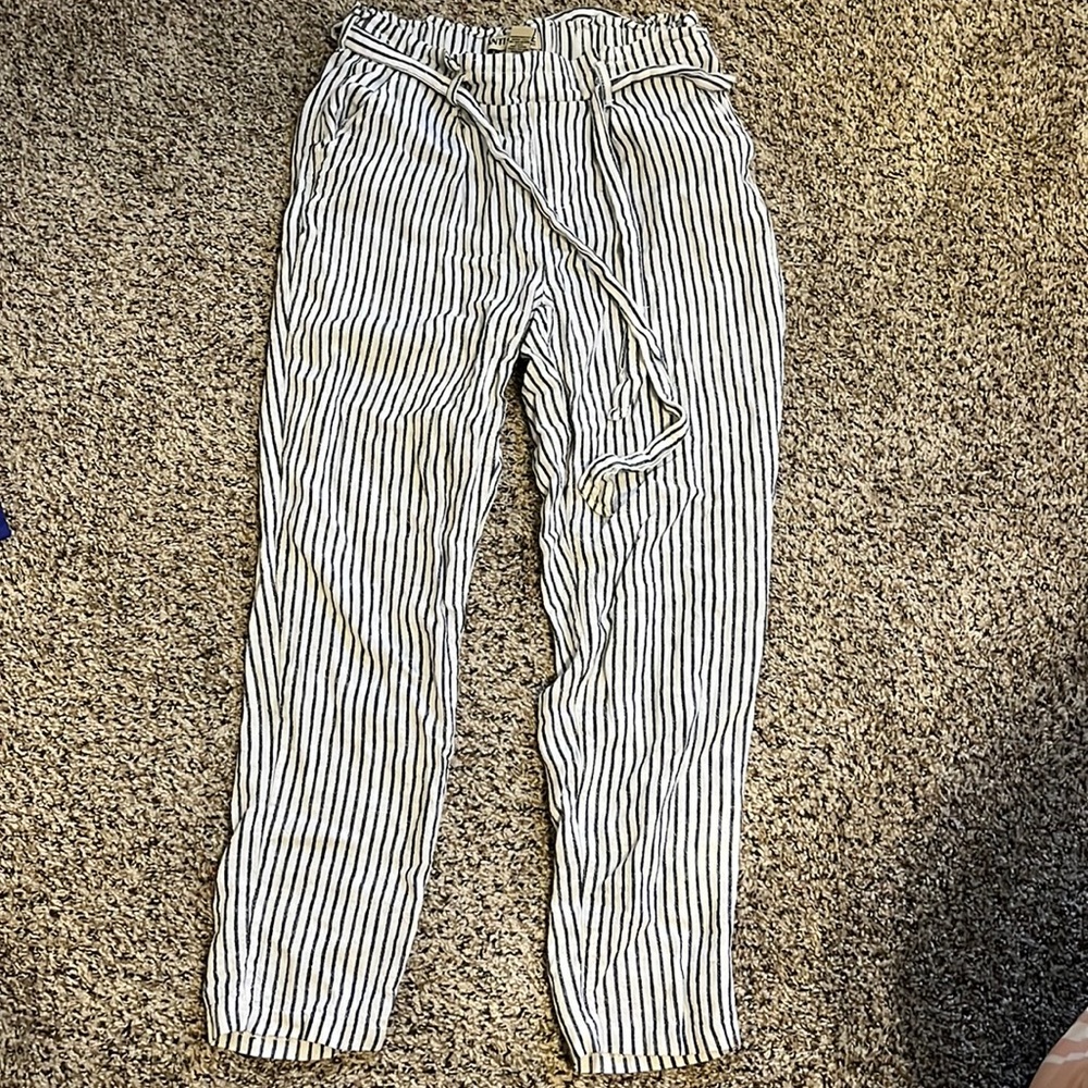 Navy and white striped linen pants